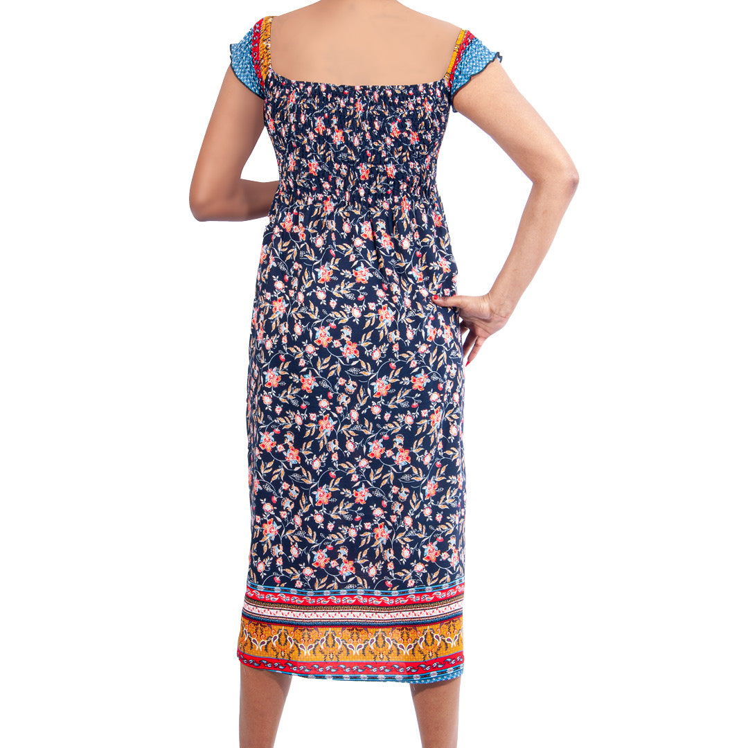 Printed Navy Viscose Smocking Dress