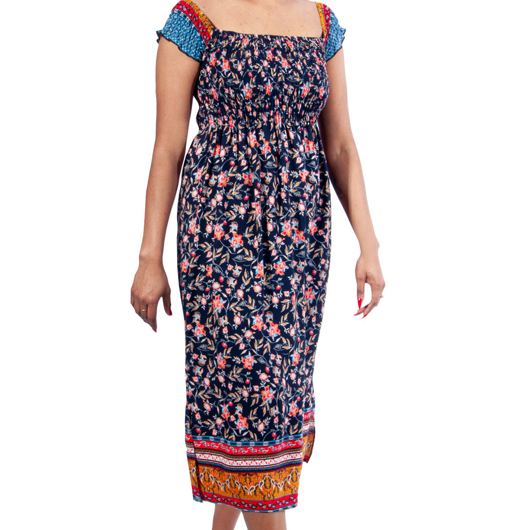 Printed Navy Viscose Smocking Dress