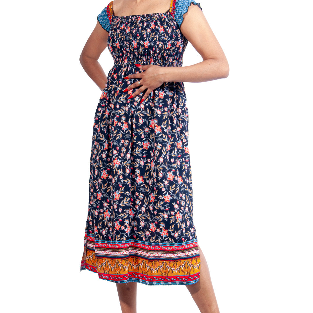 Printed Navy Viscose Smocking Dress