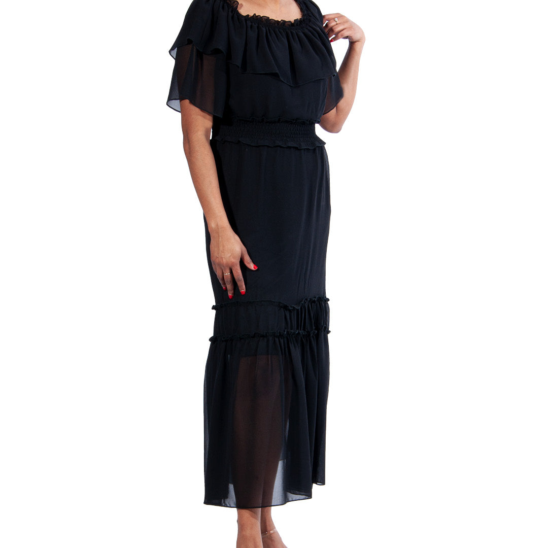 Black Chiffon Bardot Dress