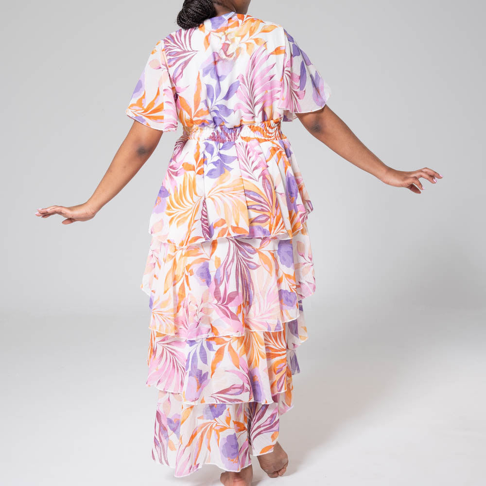 Short Sleeve Printed Chiffon Tiered Dress