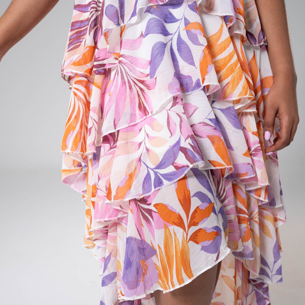Short Sleeve Printed Chiffon Tiered Dress