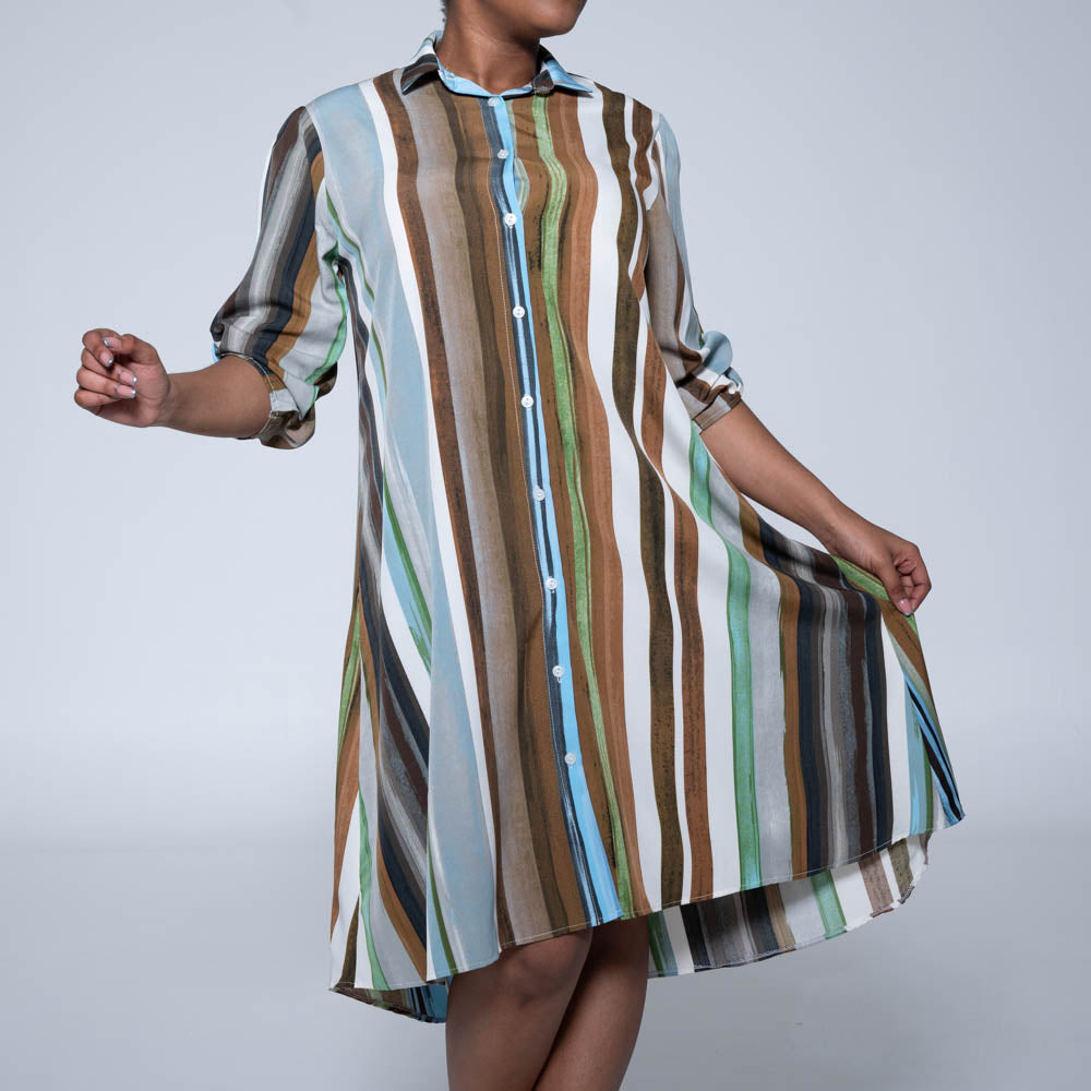 Brown Striped Button Detail Tunic