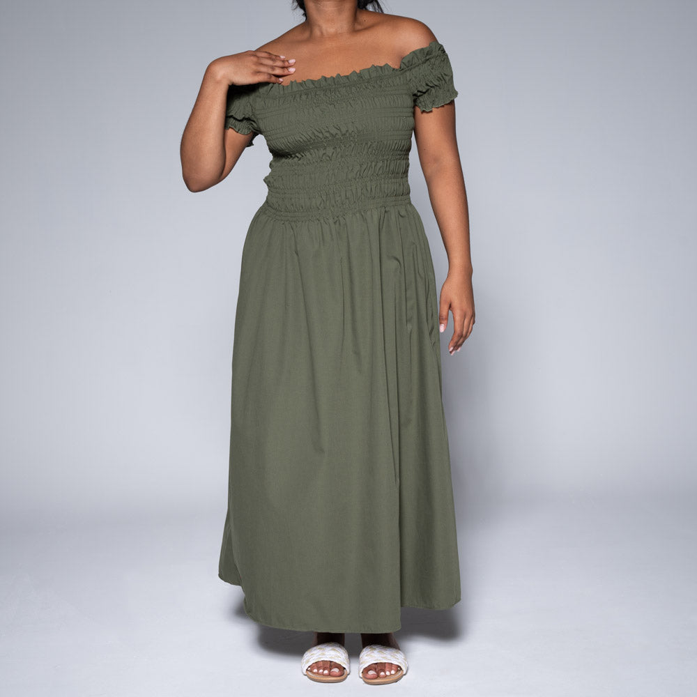 Olive Poplin Smocking Dress Olive Poplin Smocking Dress