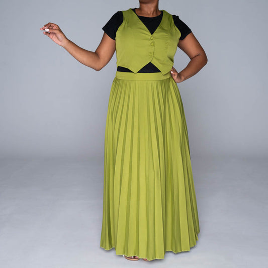 Chartreuse Waistcoat And Pleated Skirt Set