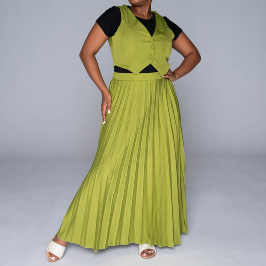 Chartreuse Waistcoat And Pleated Skirt Set
