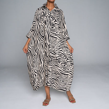 Black/Stone Printed Nylon Crepe Kaftan
