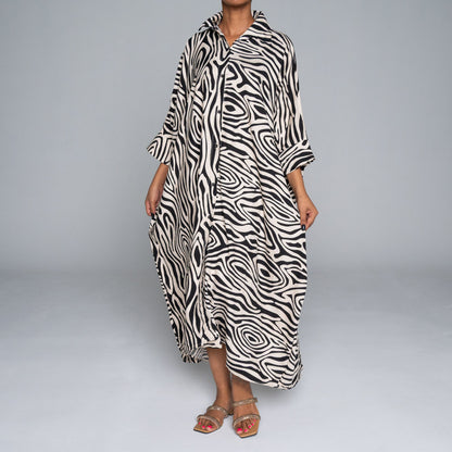 Black/Stone Printed Nylon Crepe Kaftan