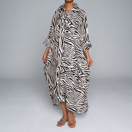 Black/Stone Printed Nylon Crepe Kaftan