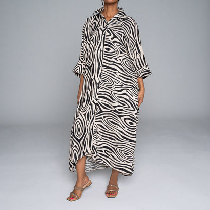 Black/Stone Printed Nylon Crepe Kaftan