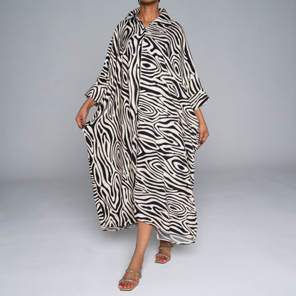 Black/Stone Printed Nylon Crepe Kaftan