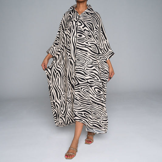 Black/Stone Printed Nylon Crepe Kaftan