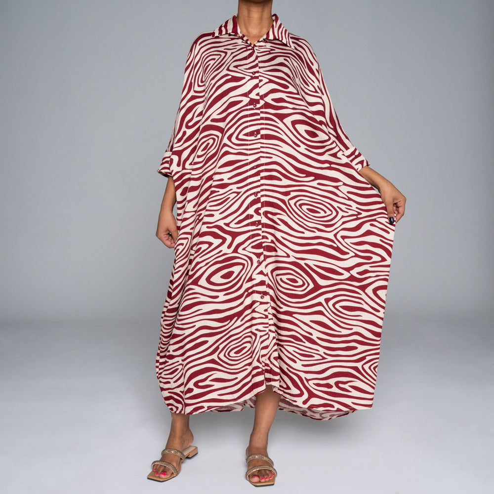 Wine  Printed Nylon Crepe Kaftan