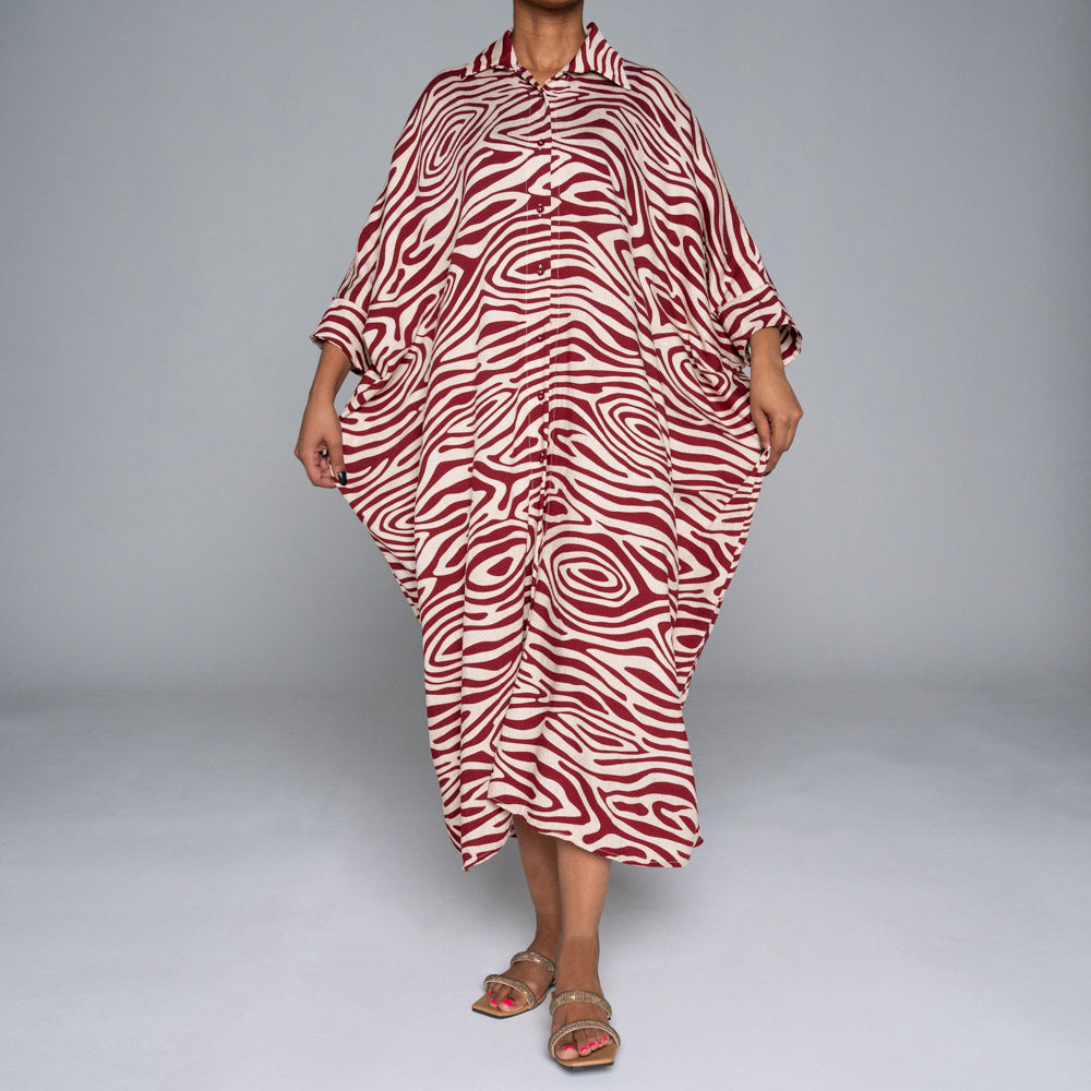 Wine  Printed Nylon Crepe Kaftan