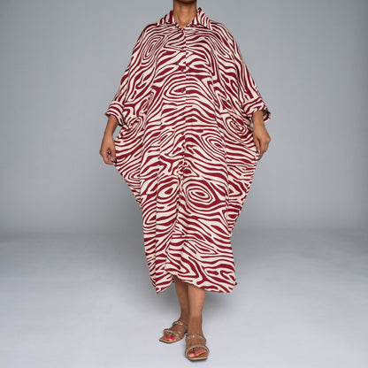 Wine  Printed Nylon Crepe Kaftan