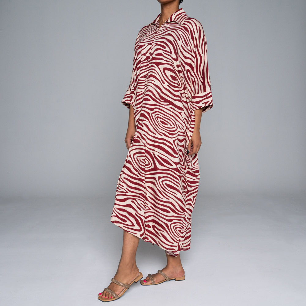 Wine  Printed Nylon Crepe Kaftan