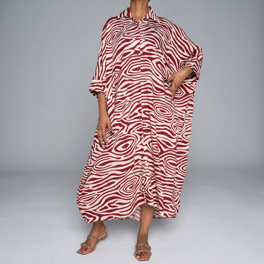 Wine  Printed Nylon Crepe Kaftan