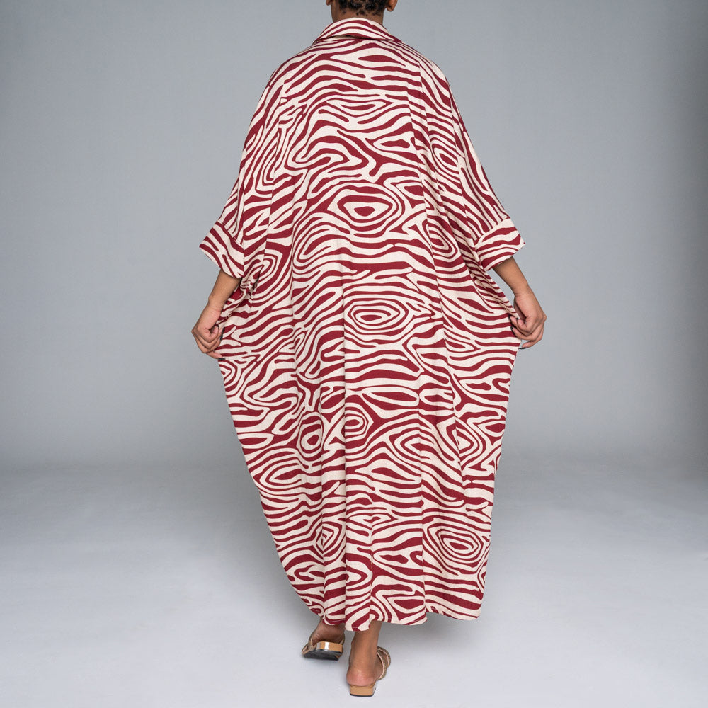 Wine  Printed Nylon Crepe Kaftan