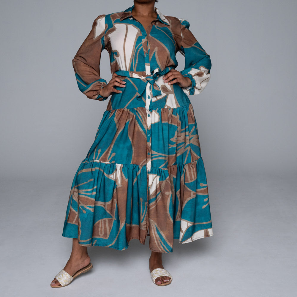 Long Sleeve Printed Soft Poly Tiered Dress