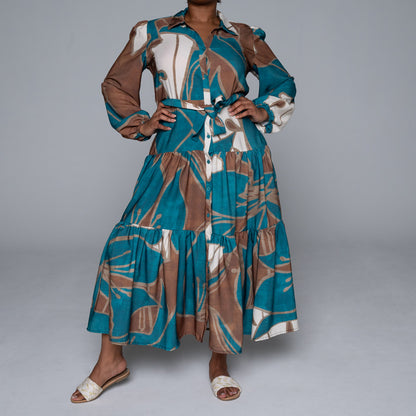 Long Sleeve Printed Soft Poly Tiered Dress
