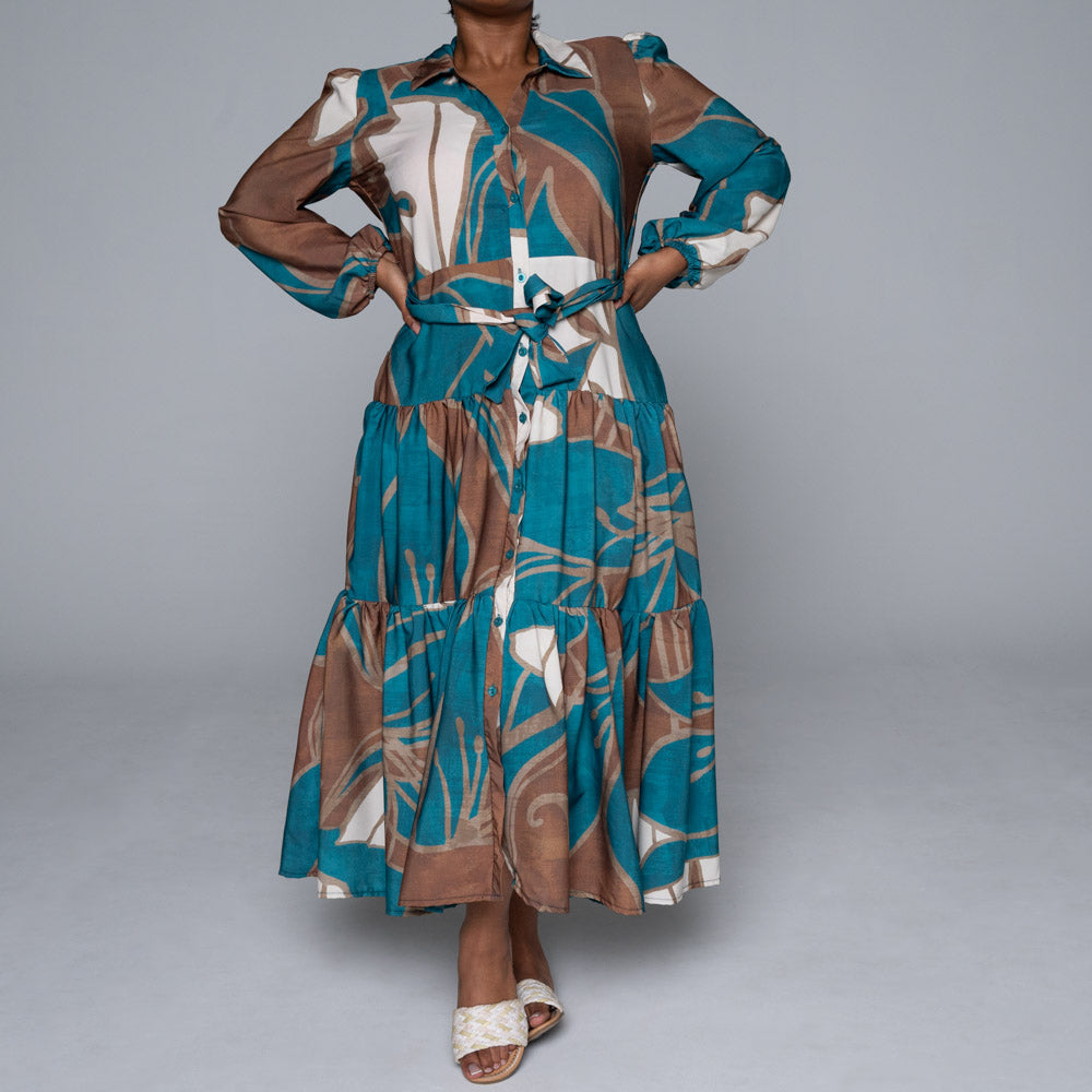 Long Sleeve Printed Soft Poly Tiered Dress