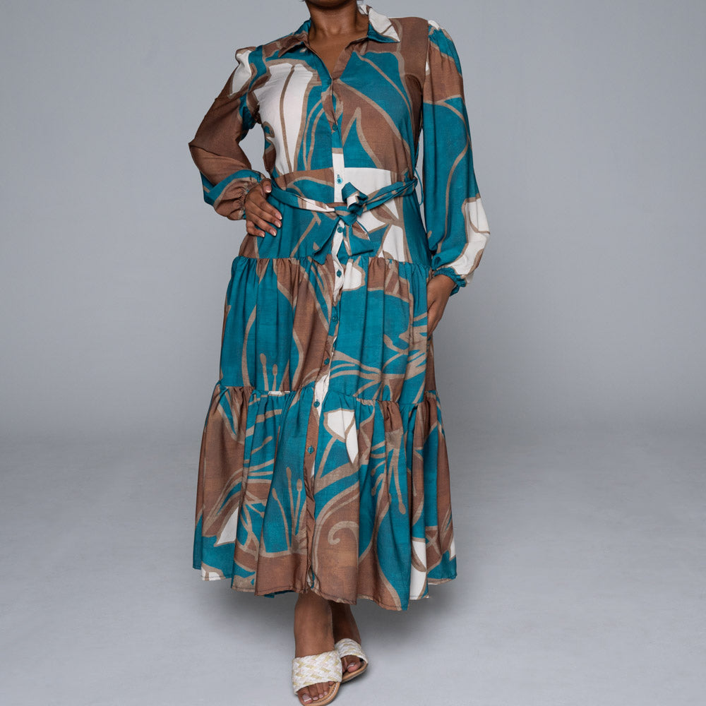 Long Sleeve Printed Soft Poly Tiered Dress