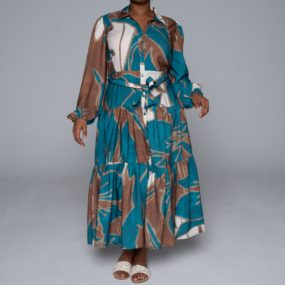 Long Sleeve Printed Soft Poly Tiered Dress