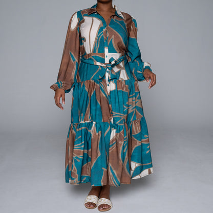 Long Sleeve Printed Soft Poly Tiered Dress