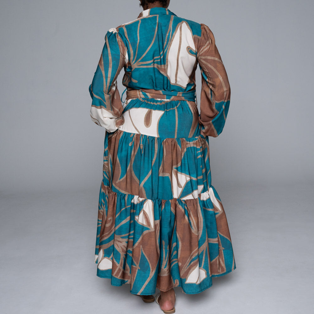 Long Sleeve Printed Soft Poly Tiered Dress