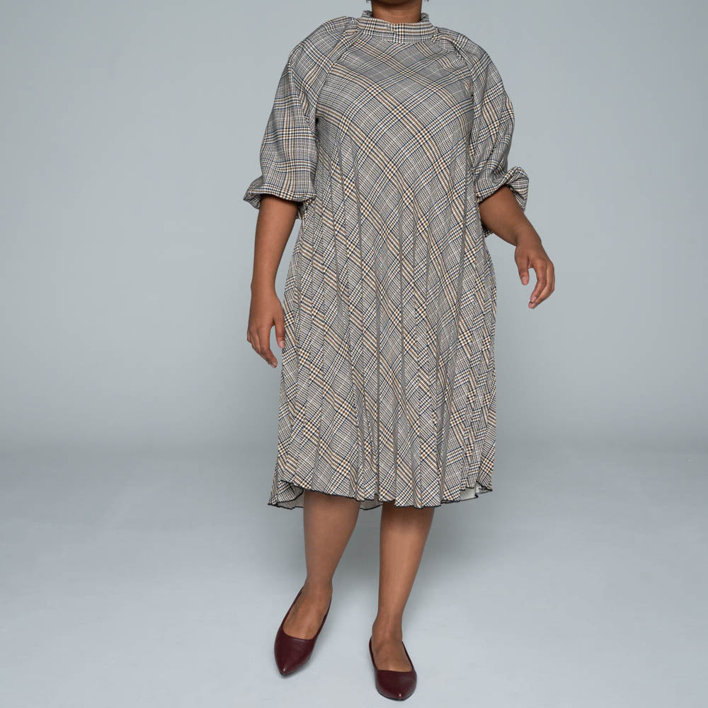Short Sleeve Check Print Pleated Tunic