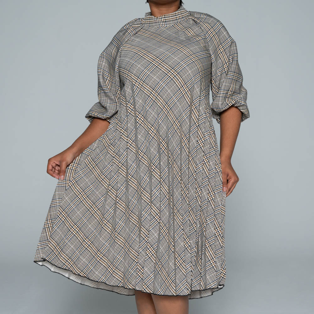 Short Sleeve Check Print Pleated Tunic