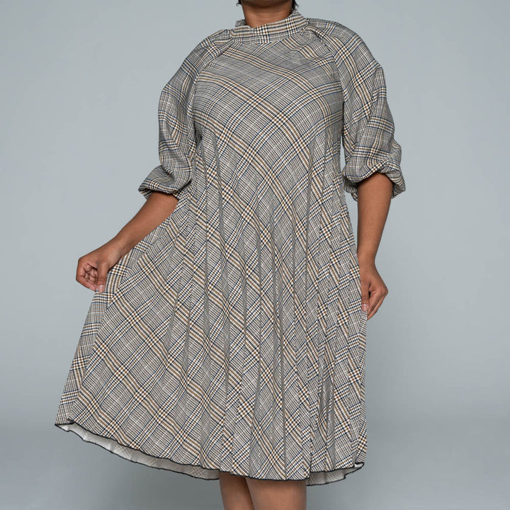 Short Sleeve Check Print Pleated Tunic