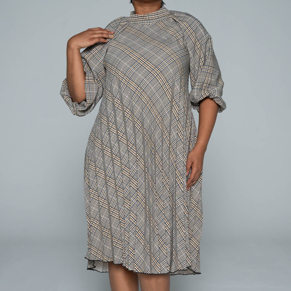 Short Sleeve Check Print Pleated Tunic