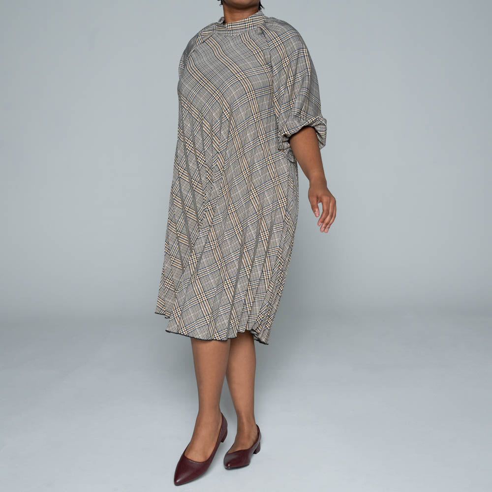 Short Sleeve Check Print Pleated Tunic