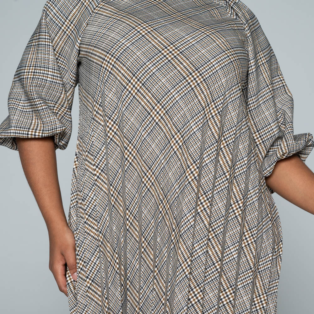 Short Sleeve Check Print Pleated Tunic