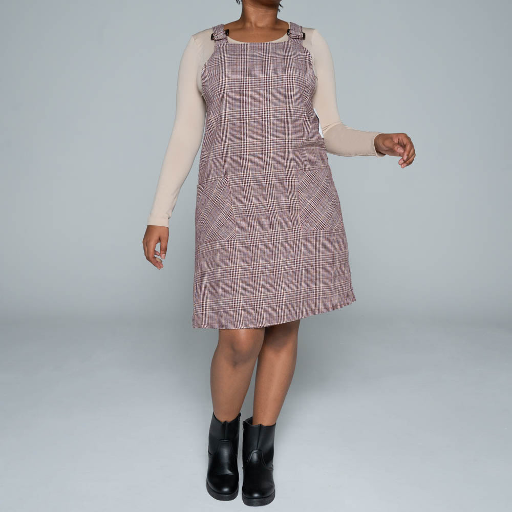 Poly Wool Check Print Pinafore Dress