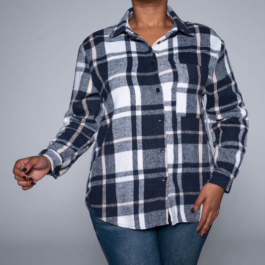Navy Brush Cotton Check Print Shacket