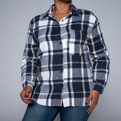 Navy Brush Cotton Check Print Shacket