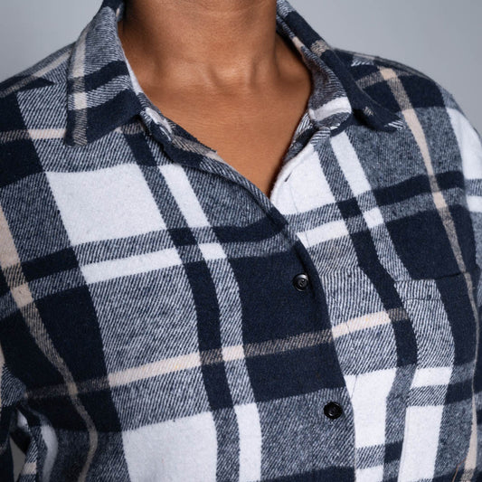 Navy Brush Cotton Check Print Shacket