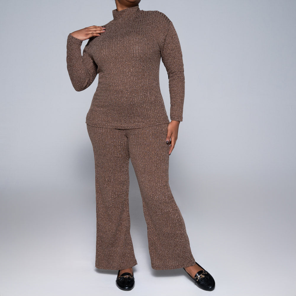 Brown Rib Turtle Neck Top