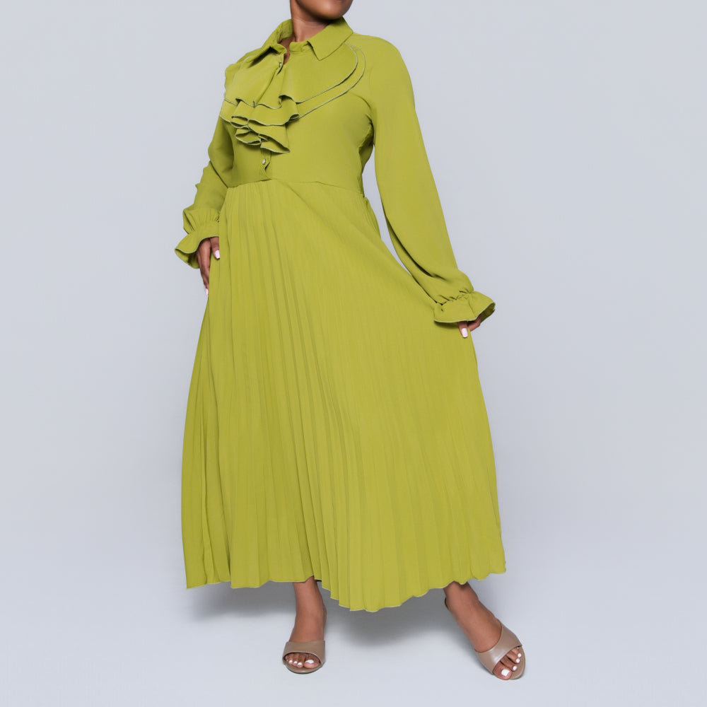 Chartreuse Pleated Frill  Dress