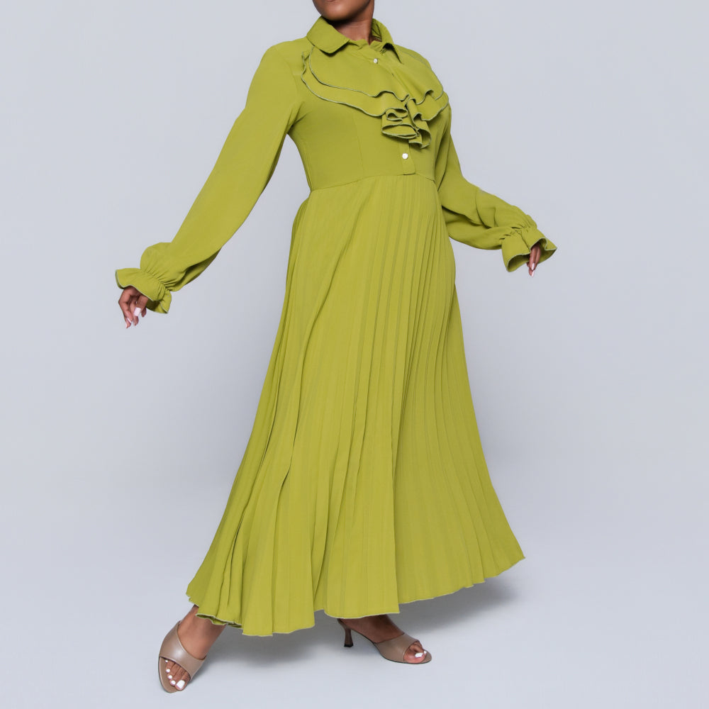 Chartreuse Pleated Frill  Dress