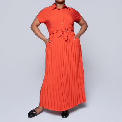 Short Sleeve Pleated Brick Dress