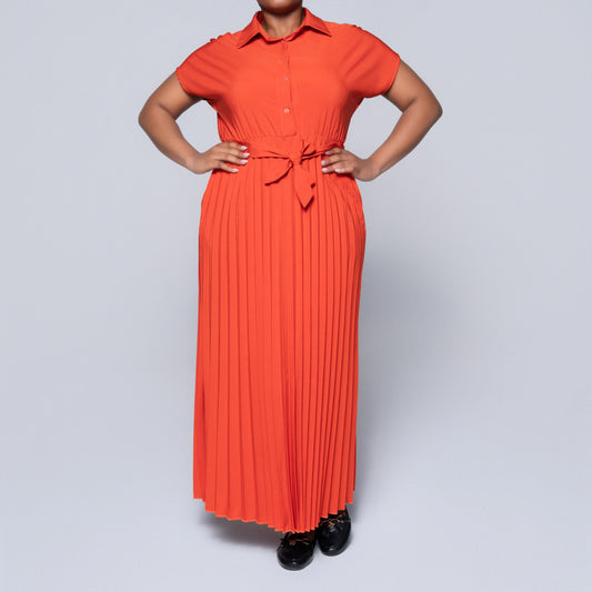 Short Sleeve Pleated Brick Dress