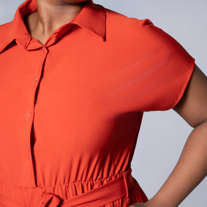 Short Sleeve Pleated Brick Dress
