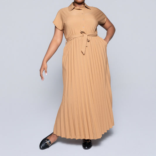 Short Sleeve Pleated Camel Dress