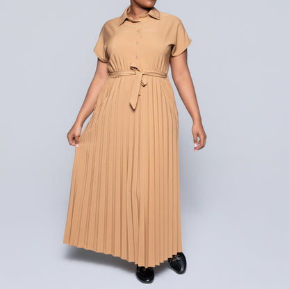 Short Sleeve Pleated Camel Dress
