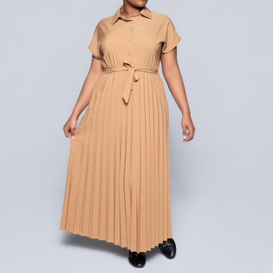 Short Sleeve Pleated Camel Dress