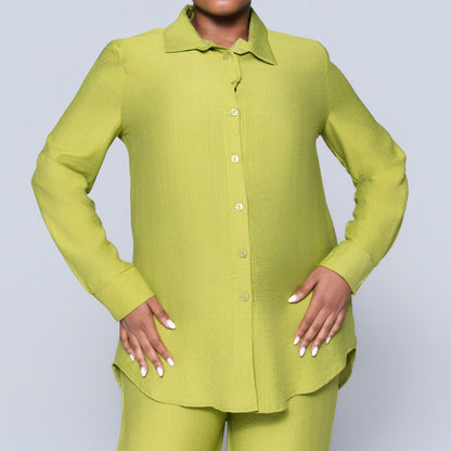 Long Sleeve Plain  Button Down Chartreuse Top