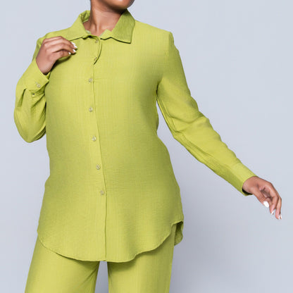 Long Sleeve Plain  Button Down Chartreuse Top